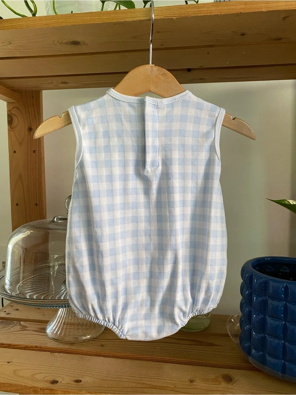 Magnolia Baby Blue Gingham Baseball Appliqué Bubble Romper 6 months